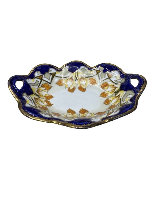 Imperial Nippon Other - Vintage Imperial Nippon Porcelain Bowl Handles Cobalt Blue Gold Floral Gilt 10.5